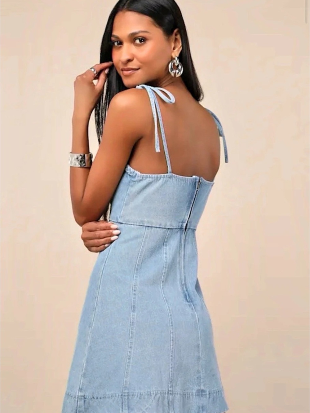 •LULUS• Light Wash Denim Tie-Strap Mini Dress - Picture 4 of 7